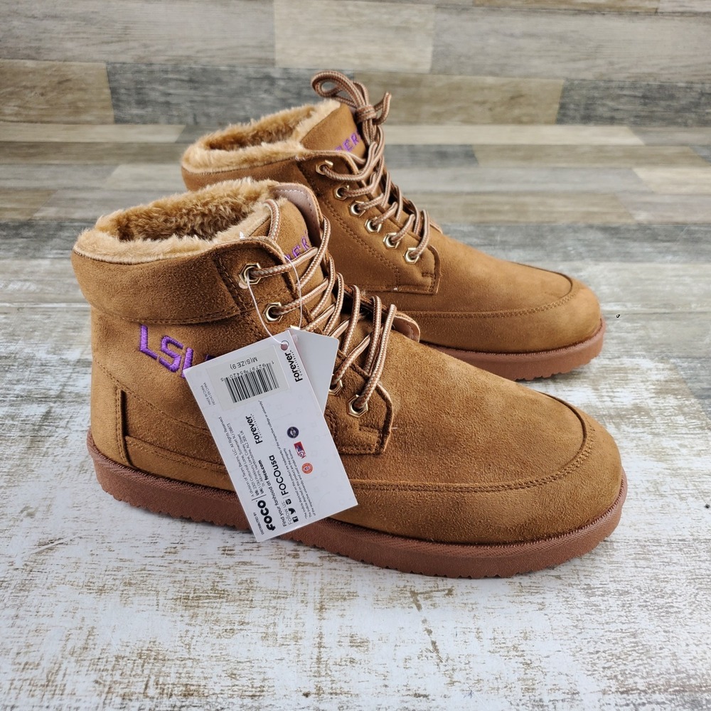 FOCO LSU Tigers Mens Boots Sz 9 Brown Suede Leather Lace Up Faux Fur